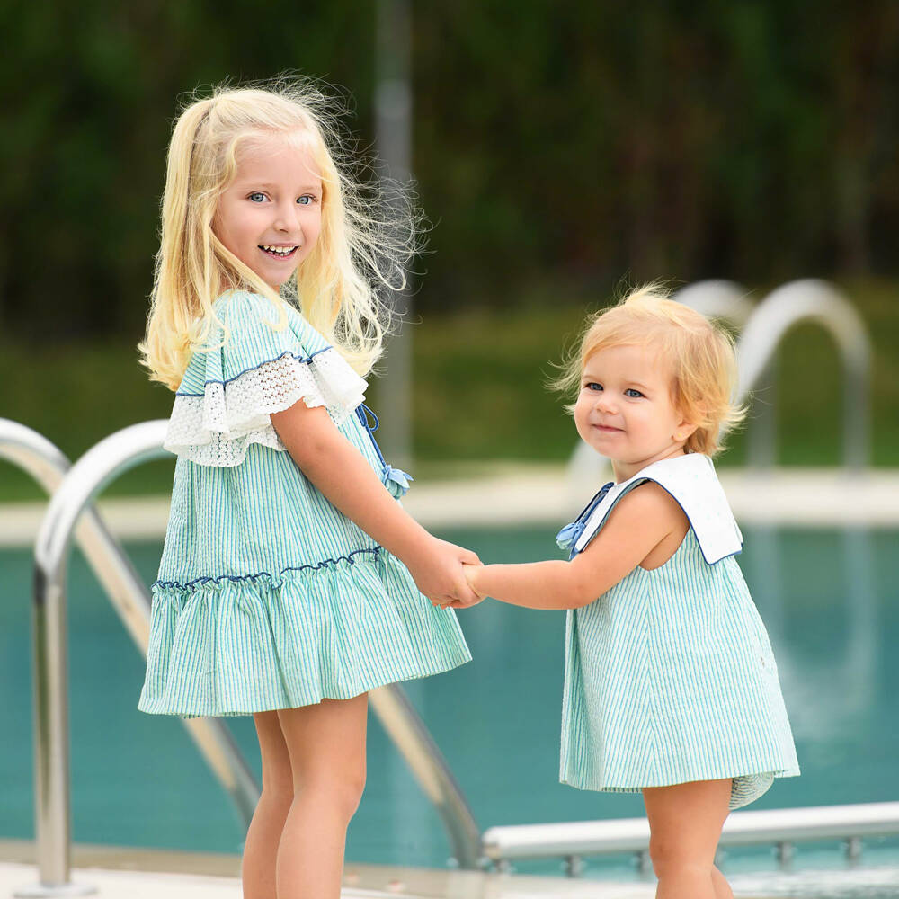 Foque-Girls Green Striped Flutter Sleeve Dress | Childrensalon Outlet