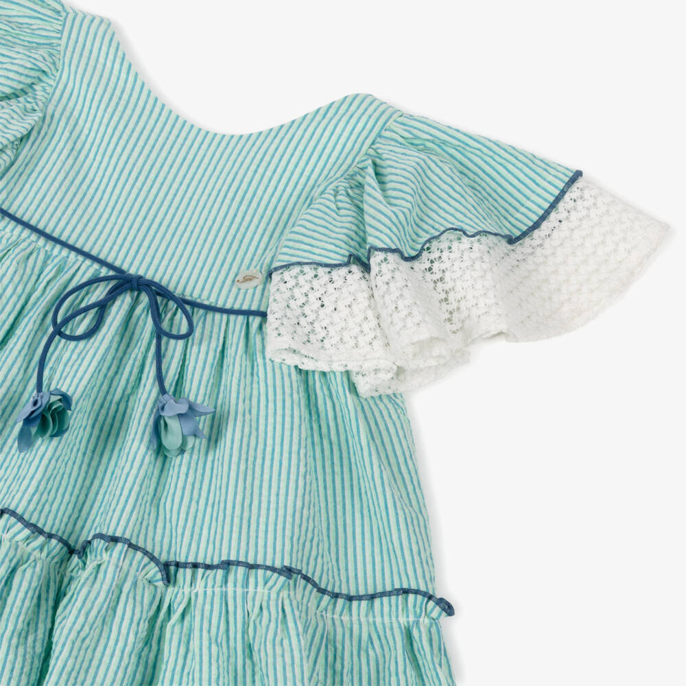Foque-Girls Green Striped Flutter Sleeve Dress | Childrensalon Outlet