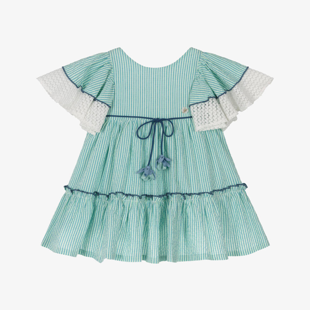 Foque-Girls Green Striped Flutter Sleeve Dress | Childrensalon Outlet