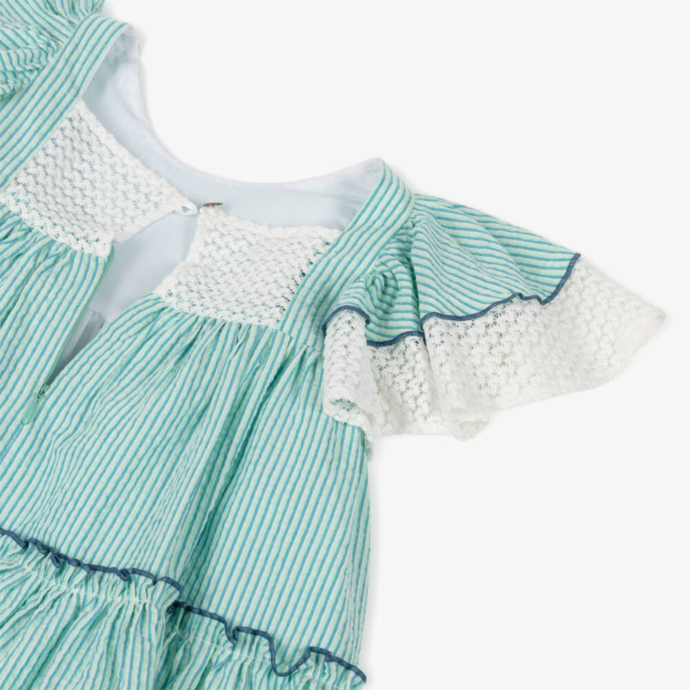 Foque-Girls Green Striped Flutter Sleeve Dress | Childrensalon Outlet