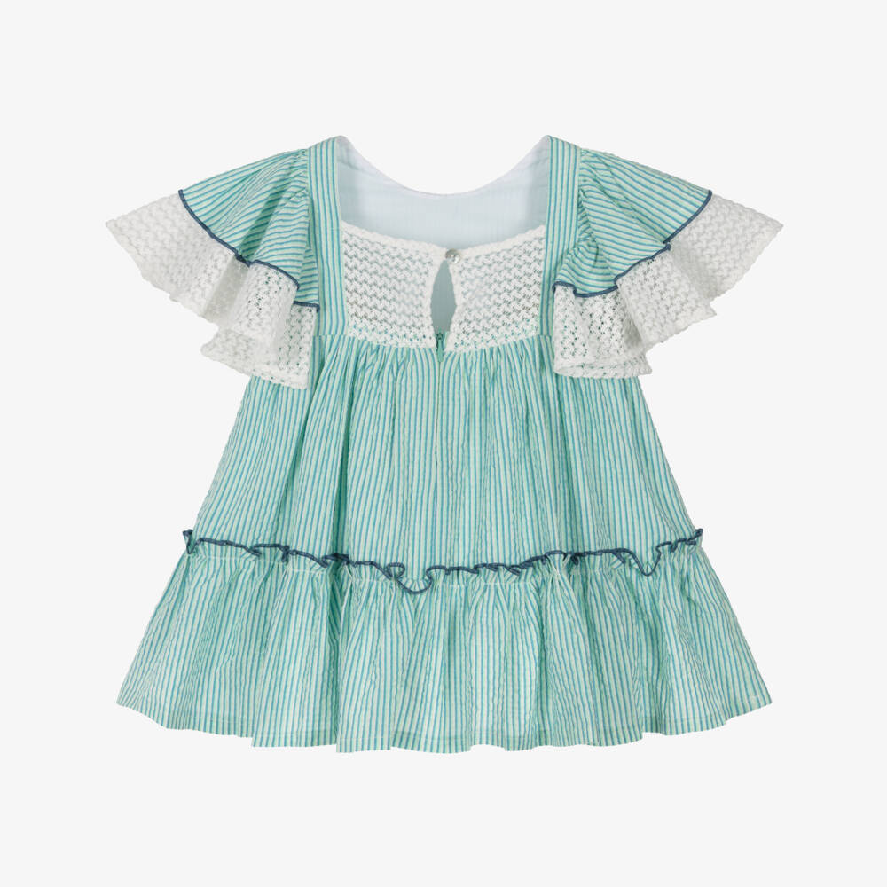 Foque-Girls Green Striped Flutter Sleeve Dress | Childrensalon Outlet