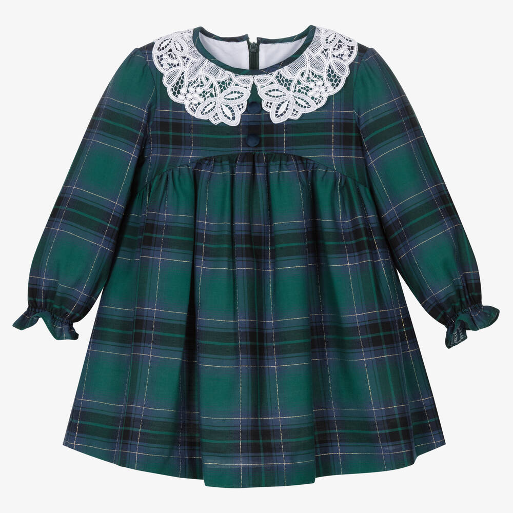 Foque - Girls Green Tartan Check Cotton Dress | Childrensalon