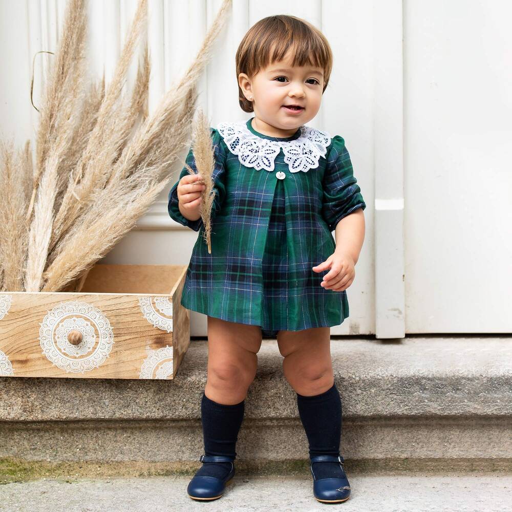 فوكيه-فستان مزيج قطن تويل تارتان لون أخضر | Childrensalon Outlet