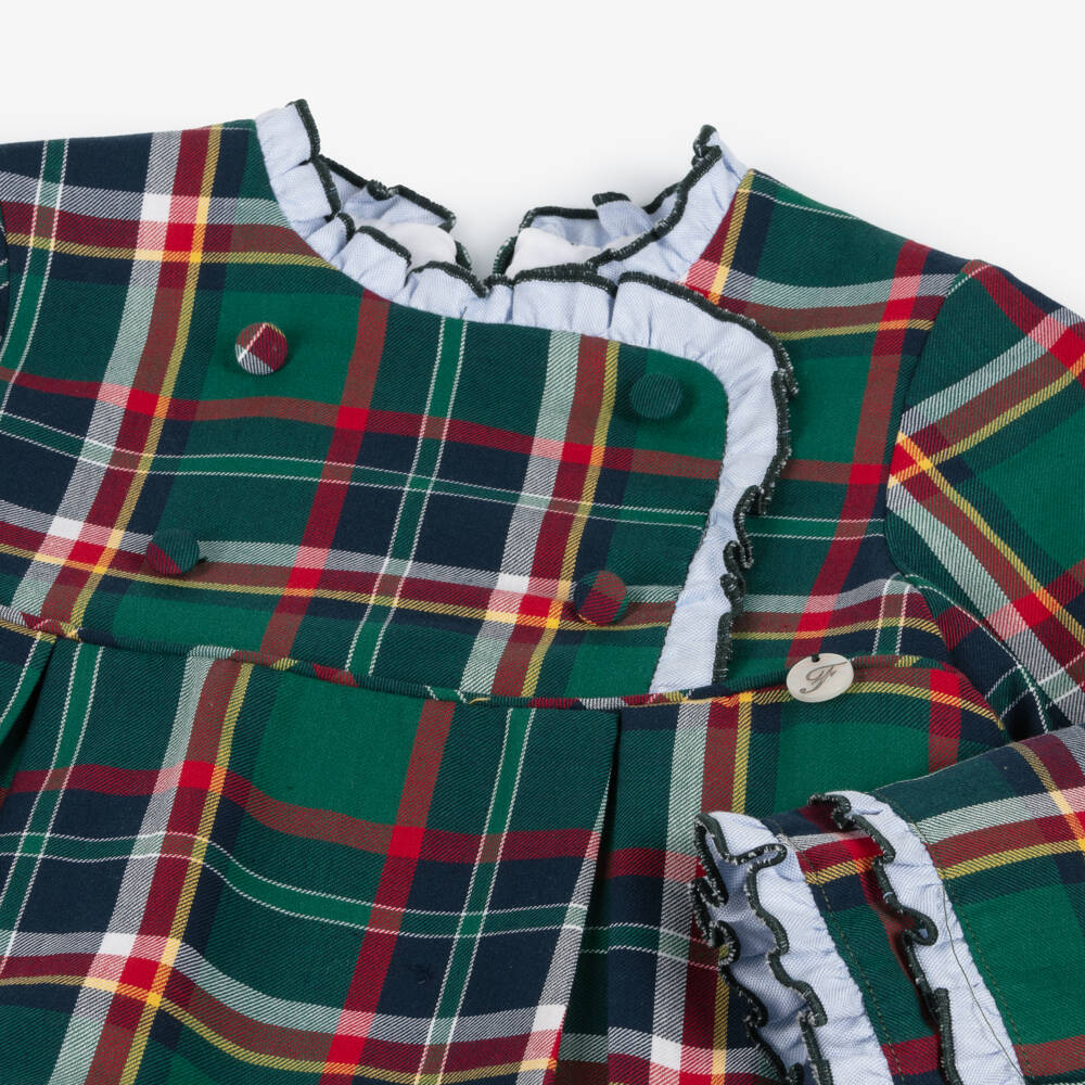 فوكيه-فستان بكشكش تارتان قطن لون أخضر | Childrensalon Outlet