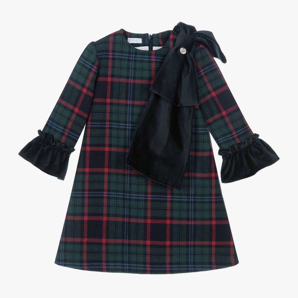 Foque-Girls Green Tartan & Velvet Bow Dress | Childrensalon Outlet