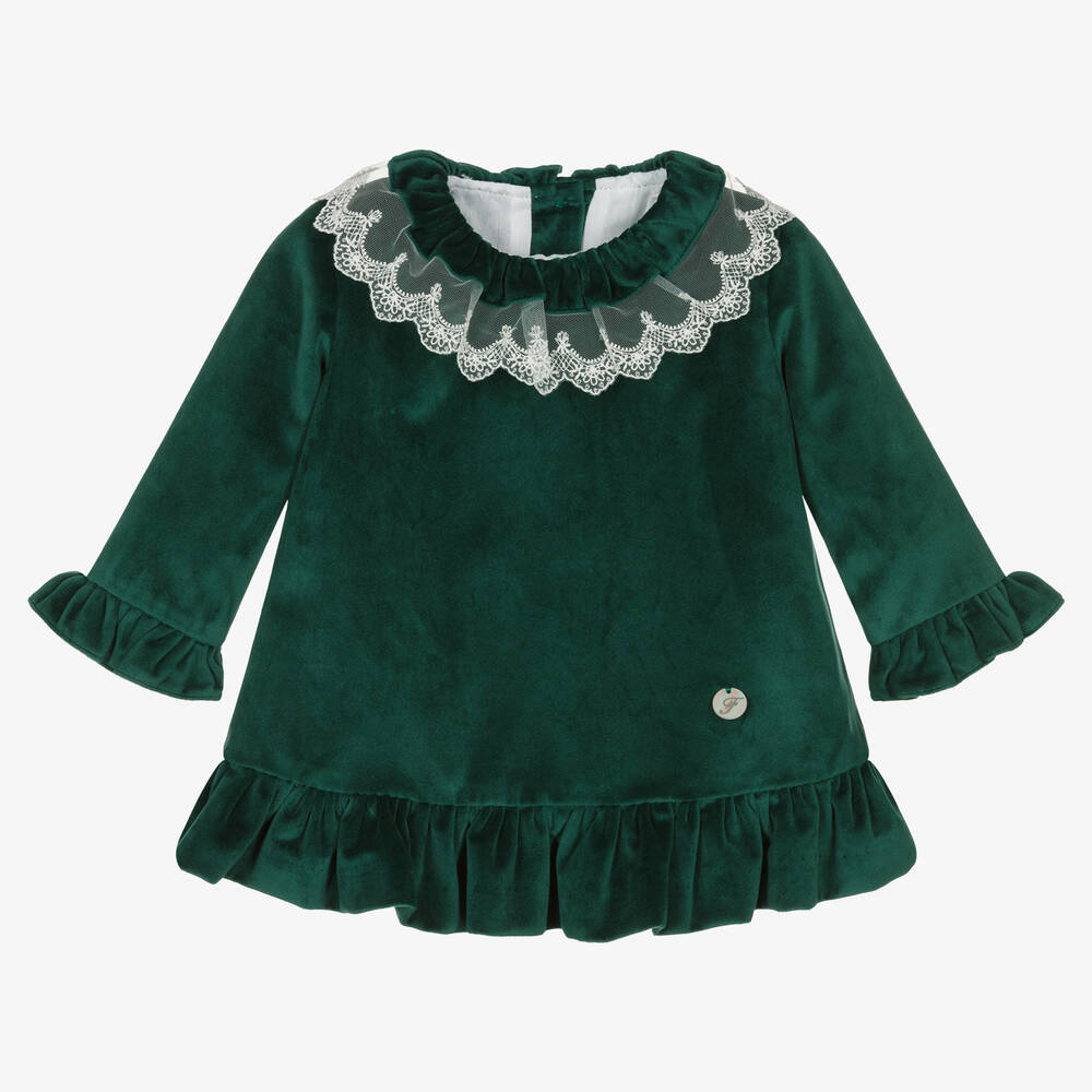 Foque - Girls Green Velvet Dress | Childrensalon