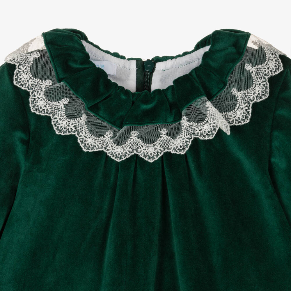 Foque-Girls Green Velvet Lace Collar Dress | Childrensalon Outlet
