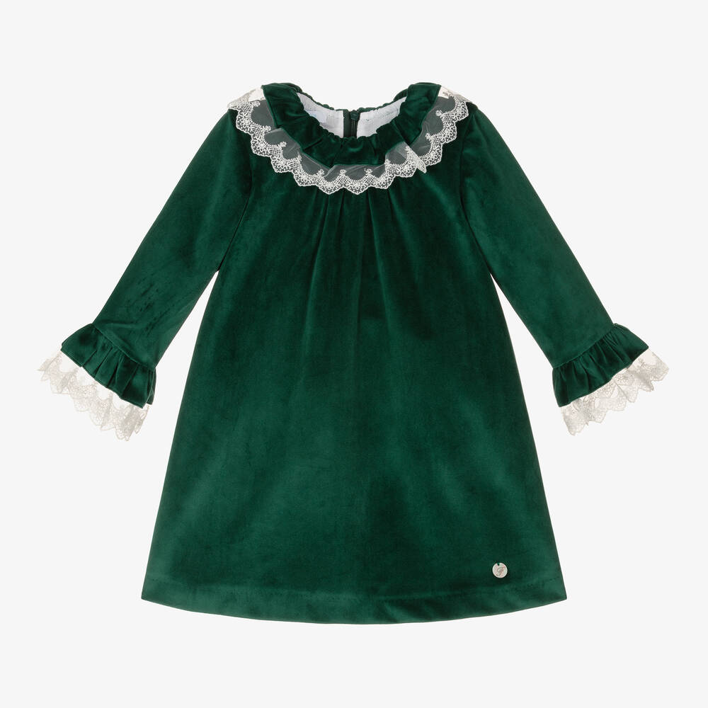 Foque - Robe velours vert à col en dentelle | Childrensalon