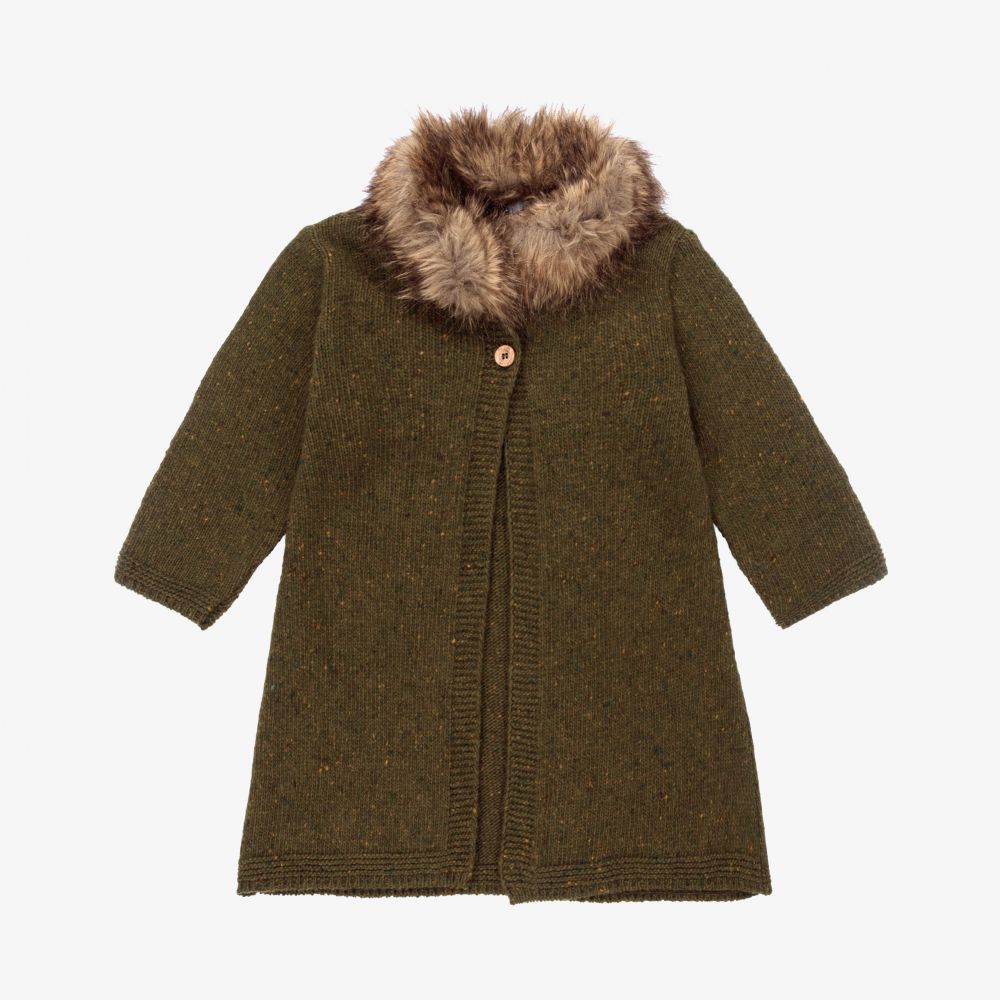 Foque - Girls Green Wool Knit Coat  | Childrensalon