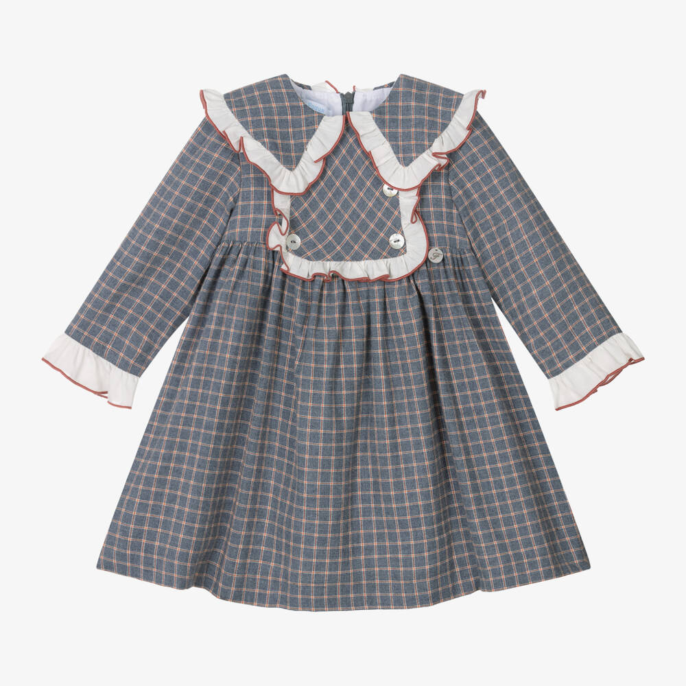 Foque-Girls Grey-Blue Checked Flannel Dress | Childrensalon Outlet