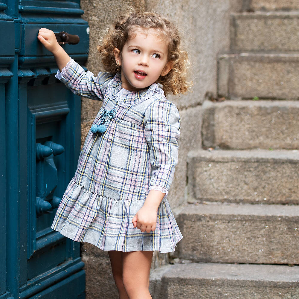 Foque Girls Grey Check Twill Dress Childrensalon Outlet