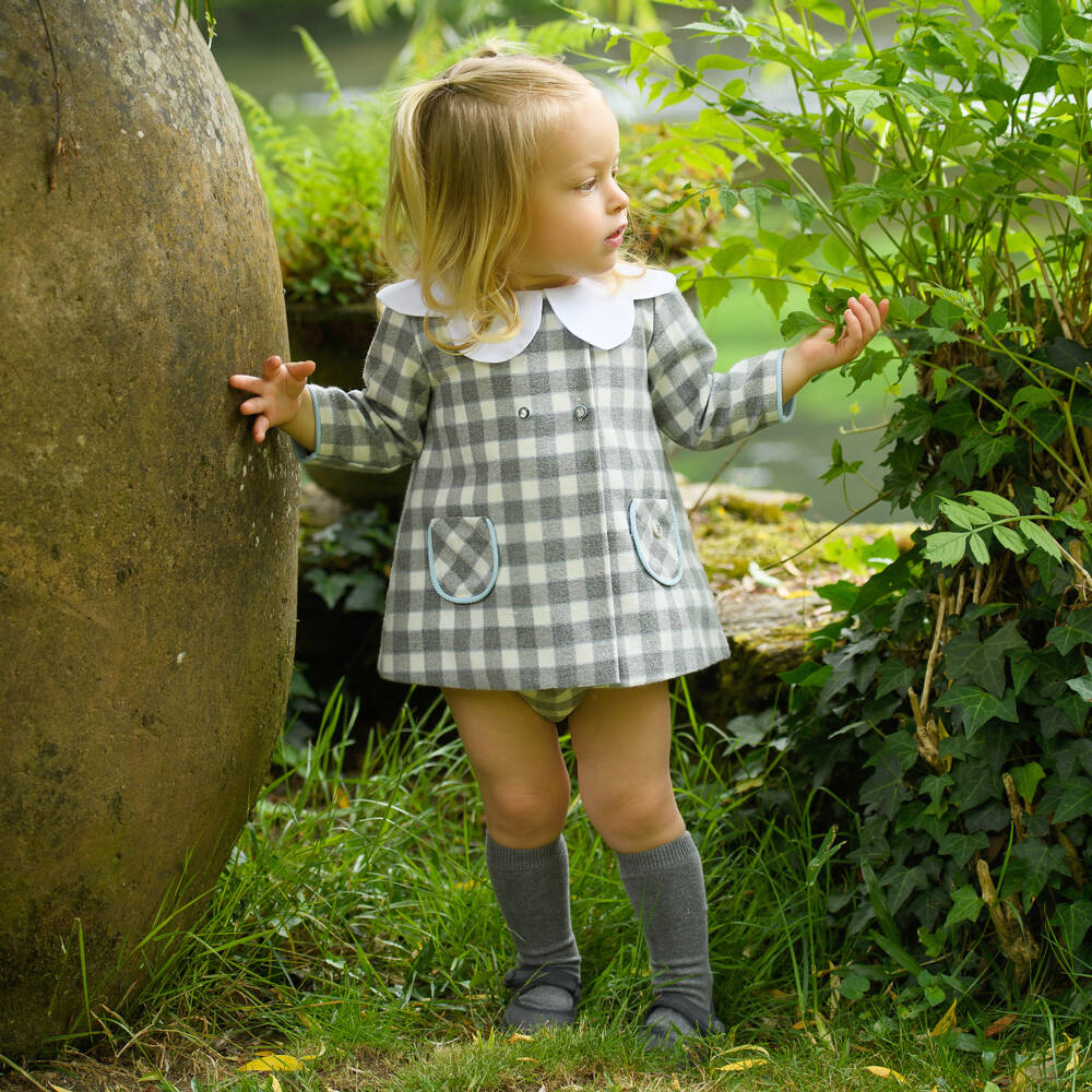 Foque-Girls Grey Checked Brushed Cotton Dress with Scalloped Collar | Childrensalon Outlet