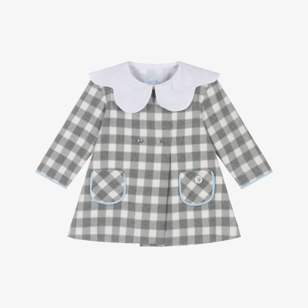 Foque-Girls Grey Checked Brushed Cotton Dress with Scalloped Collar | Childrensalon Outlet