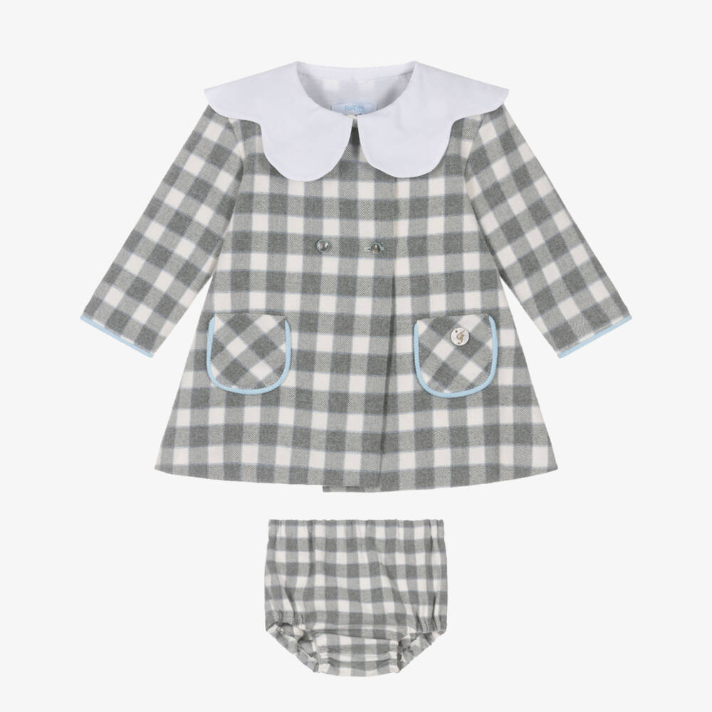 Foque-Girls Grey Checked Brushed Cotton Dress with Scalloped Collar | Childrensalon Outlet
