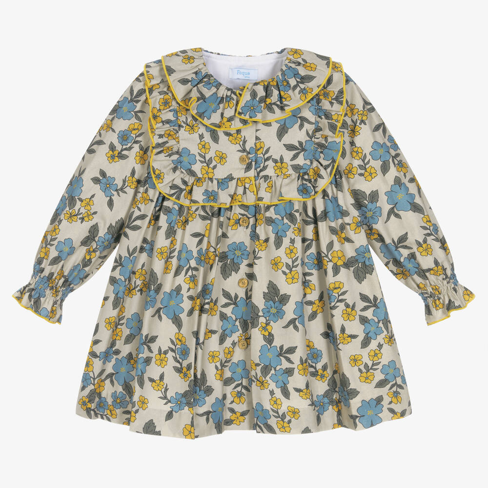 Foque-Girls Grey Floral Cotton Dress | Childrensalon Outlet