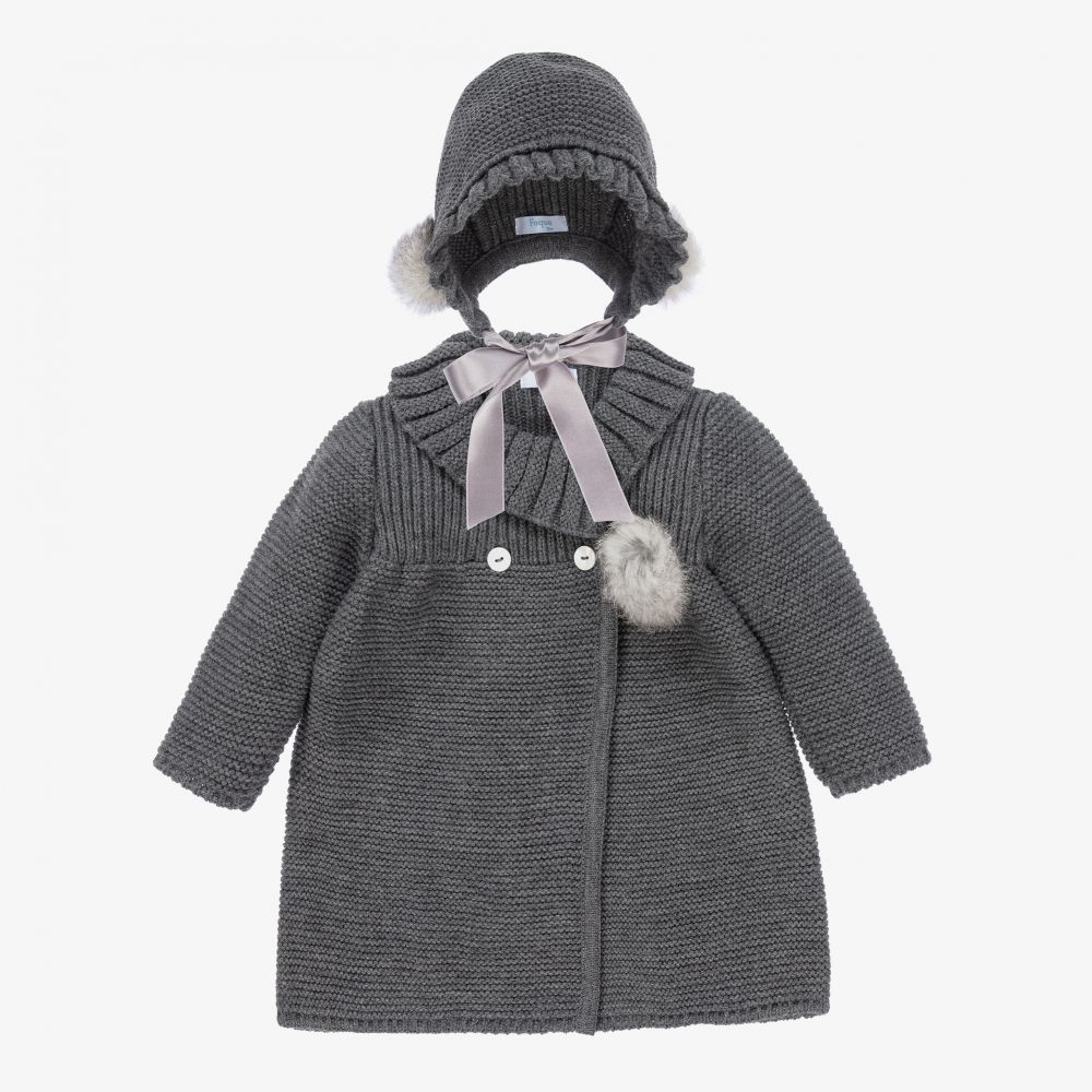 Foque - Manteau et chapeau gris en maille Fille  | Childrensalon