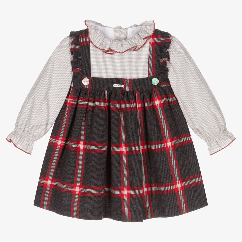 Foque - Girls Grey & Red Check Dress | Childrensalon