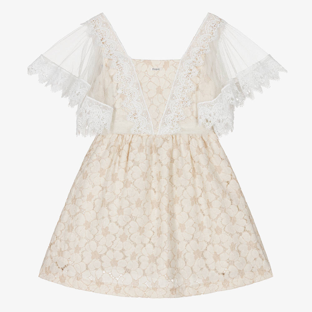 Foque - Girls Ivory & Beige Floral Lace Dress | Childrensalon