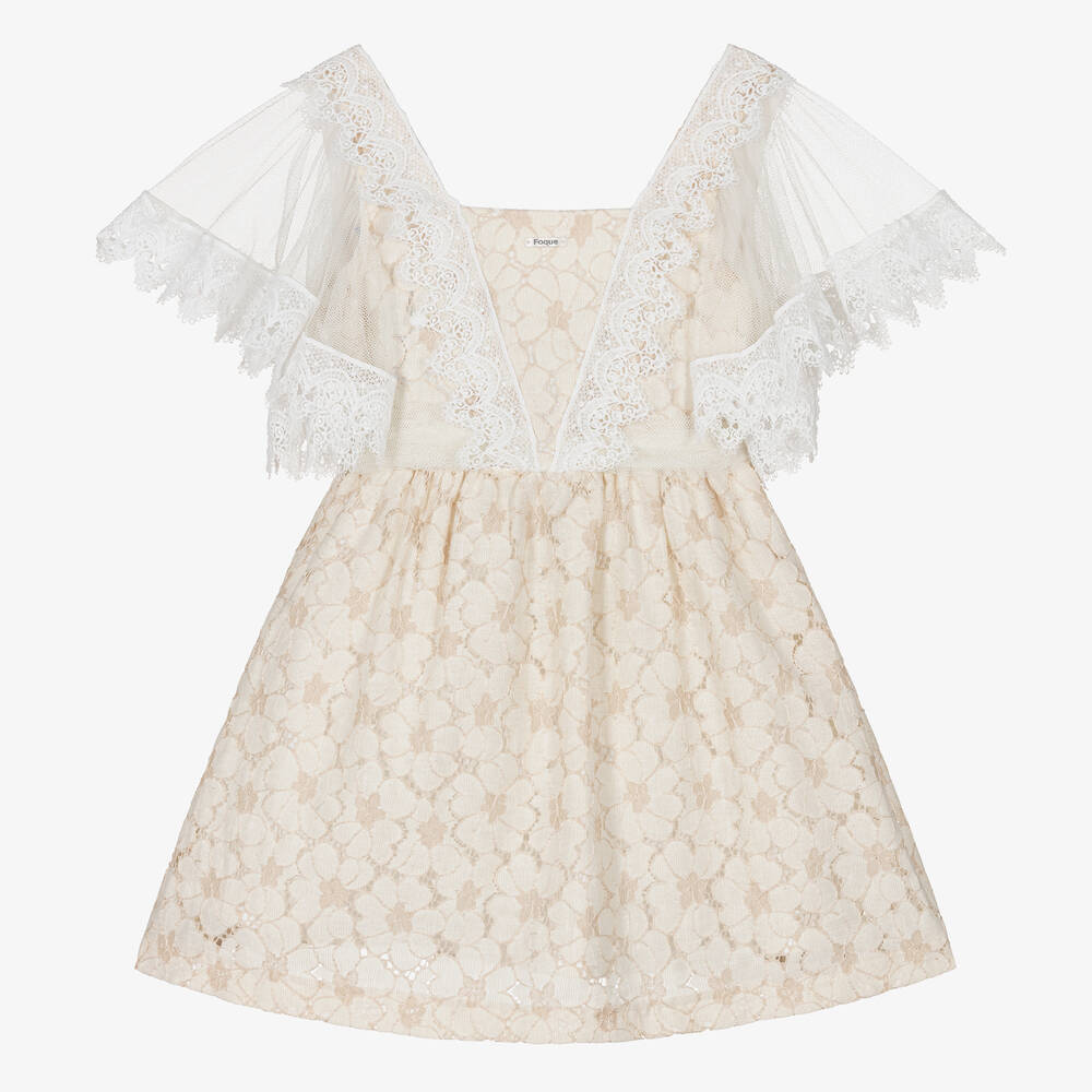 Foque-Girls Ivory & Beige Floral Lace Dress | Childrensalon Outlet