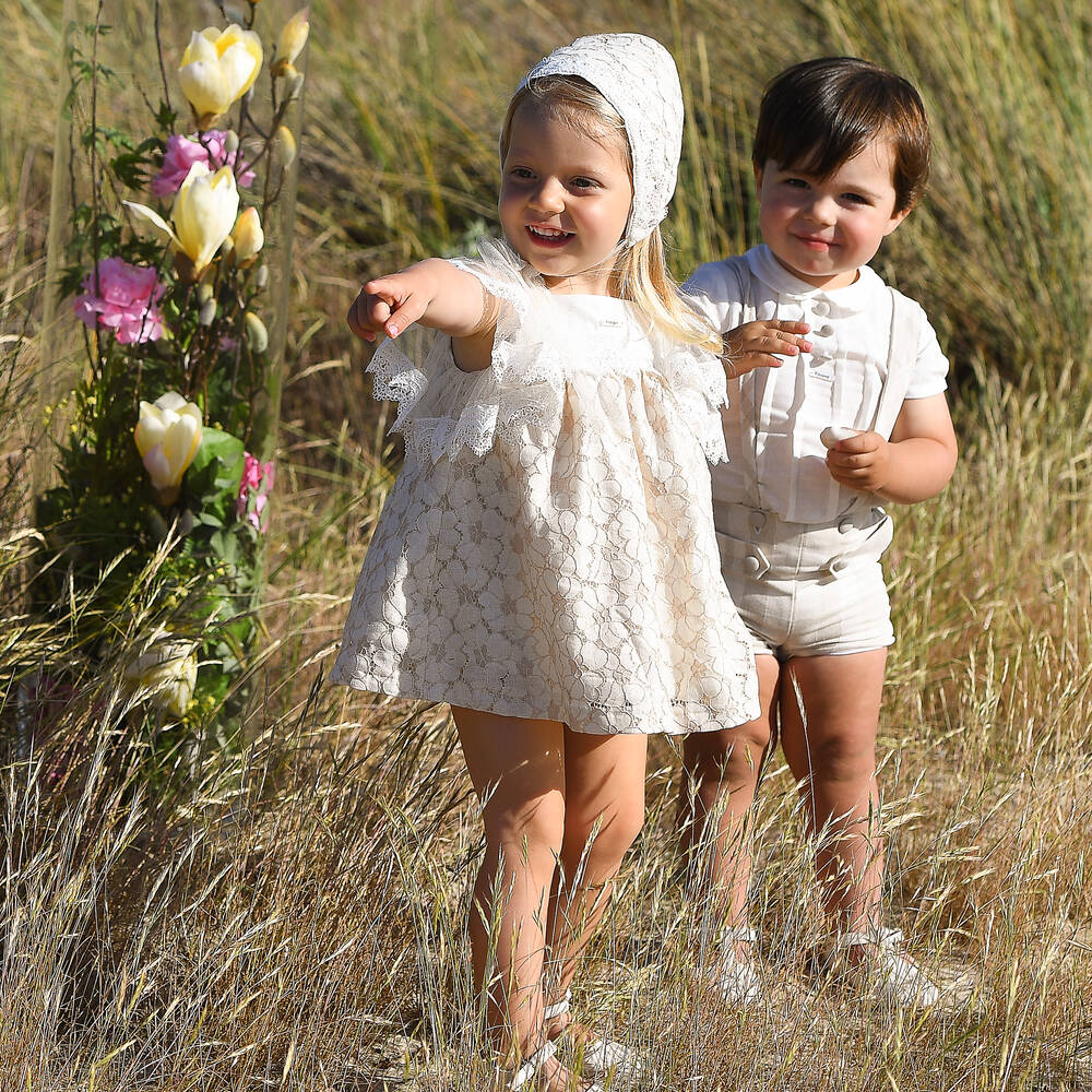 Foque-Girls Ivory & Beige Floral Lace Dress Set | Childrensalon Outlet