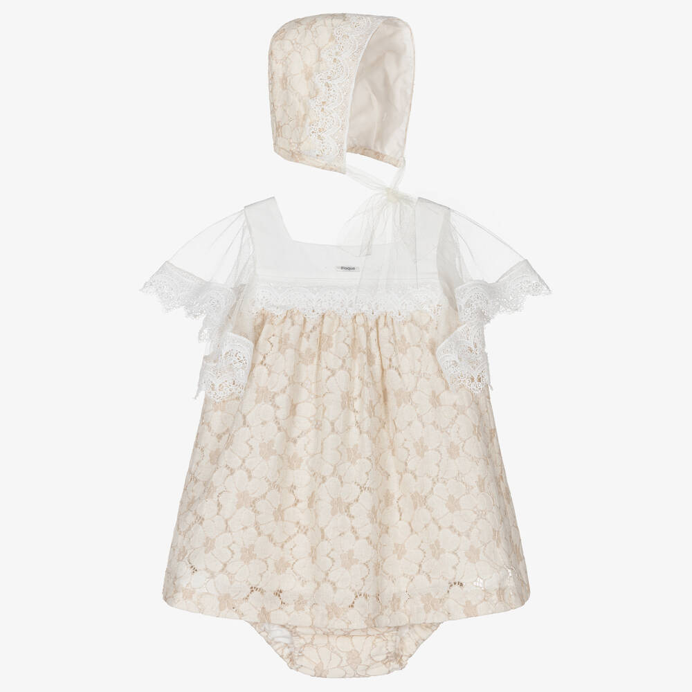 Foque-Girls Ivory & Beige Floral Lace Dress Set | Childrensalon Outlet