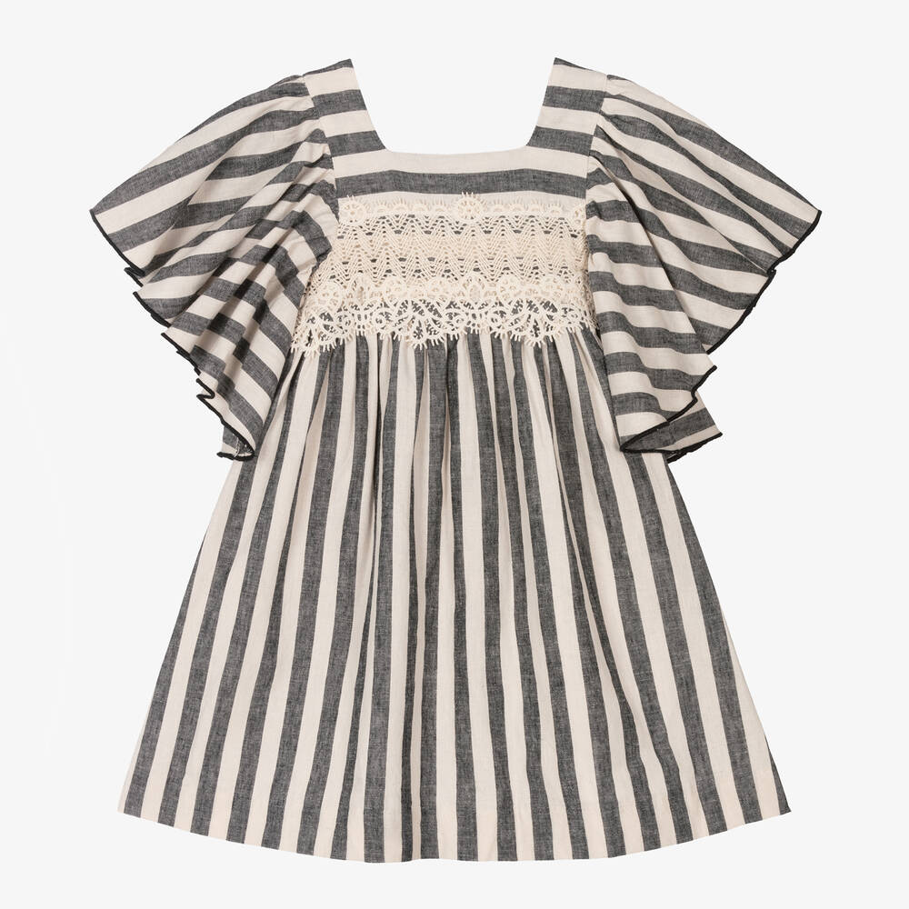 Foque-Girls Ivory & Black Striped Linen Dress | Childrensalon Outlet