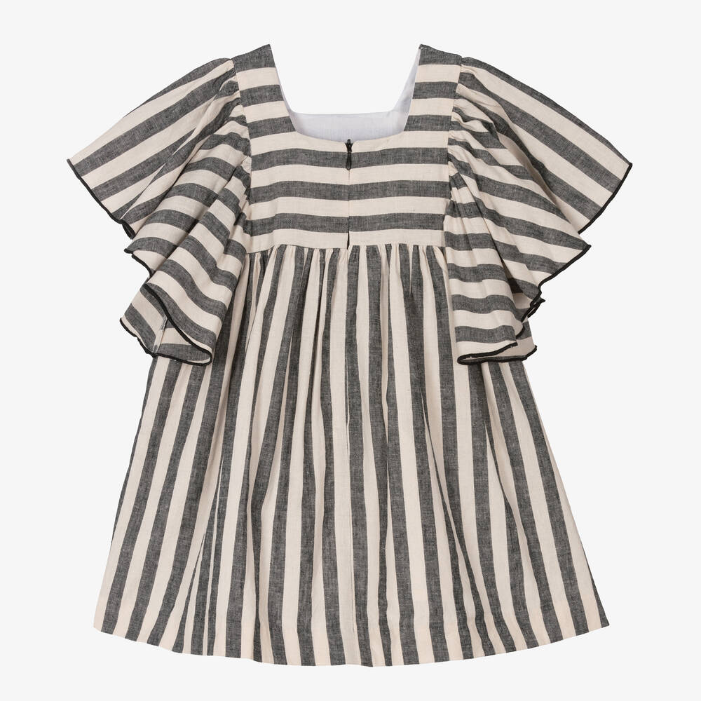 فوكيه-فستان كتان مقلم لون عاجي وأسود للبنات | Childrensalon Outlet