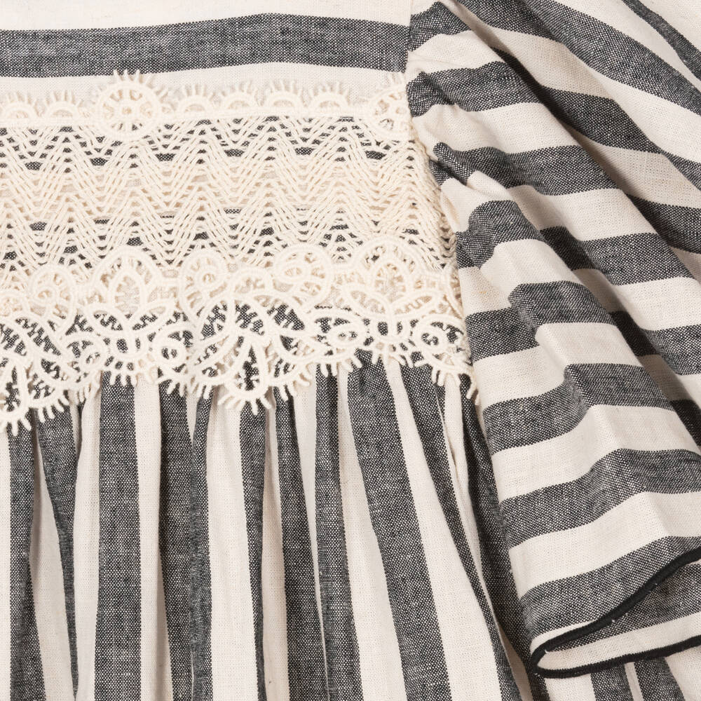 فوكيه-فستان كتان مقلم لون عاجي وأسود للبنات | Childrensalon Outlet