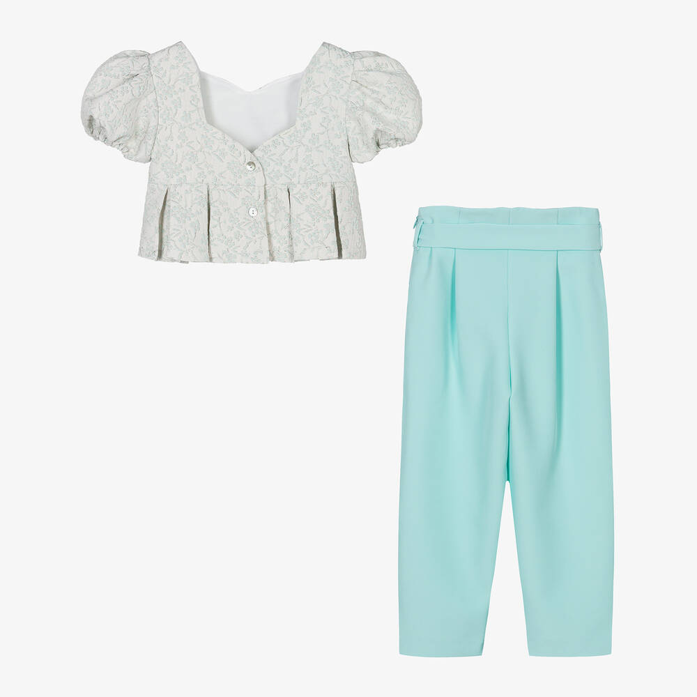 فوكيه-طقم بنطلون بروكار لون عاجي وأزرق للبنات | Childrensalon Outlet