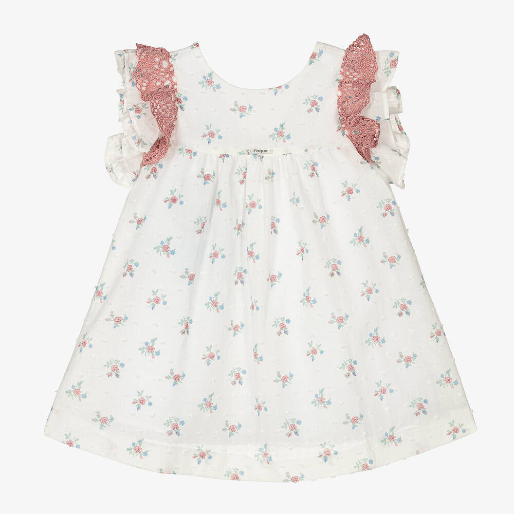 Foque-Girls Ivory Floral Cotton Dress | Childrensalon Outlet