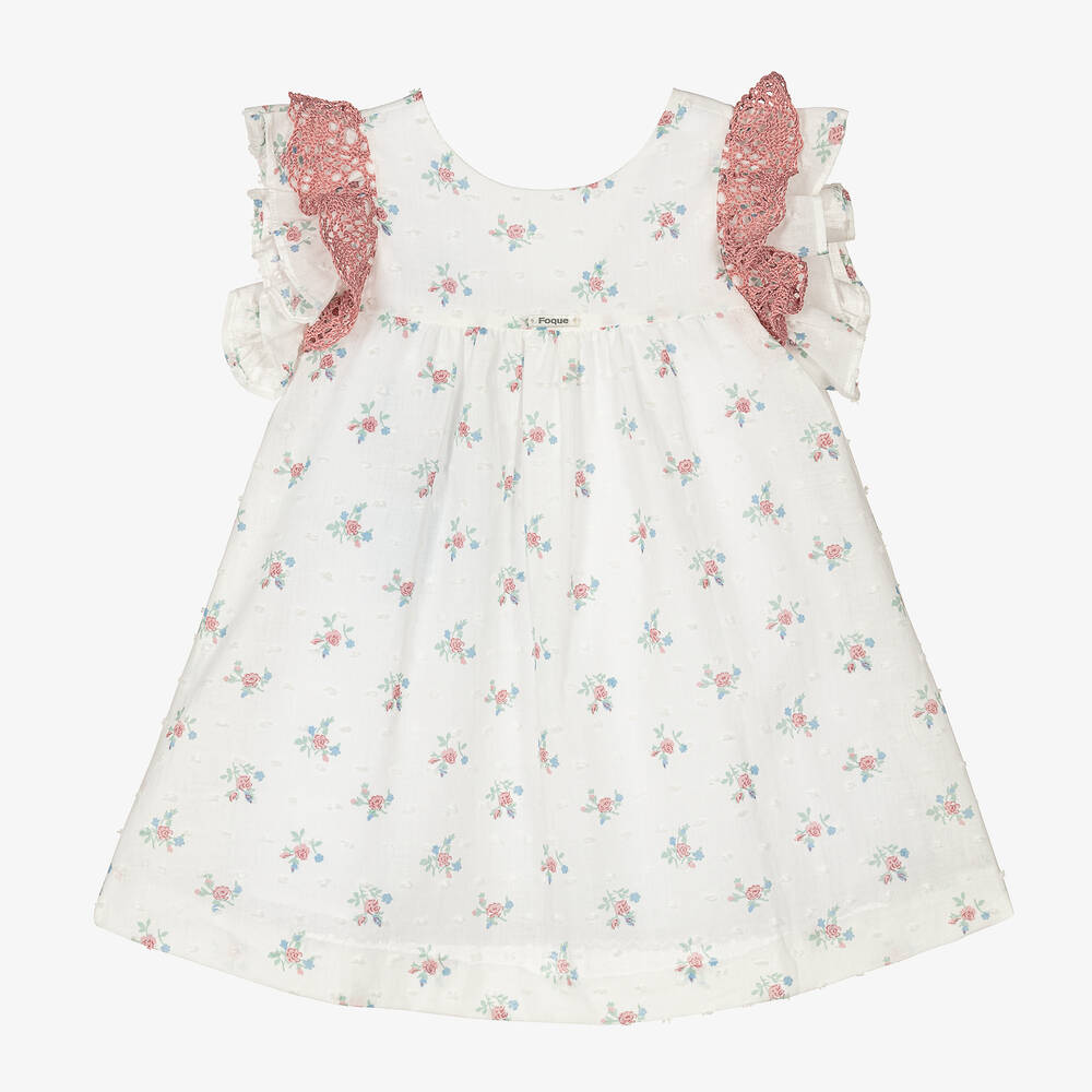 Foque - Girls Ivory Floral Cotton Dress | Childrensalon