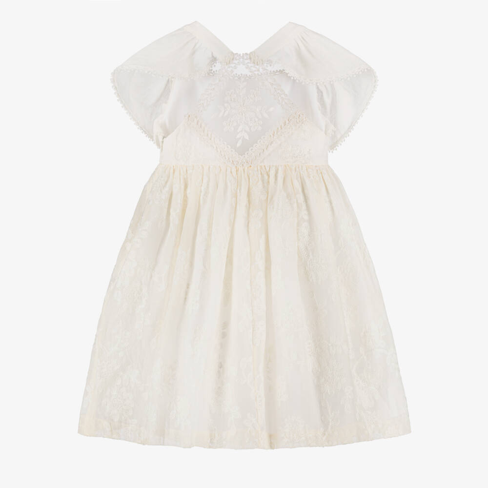 Foque-Girls Ivory Floral Embroidered Organza Dress | Childrensalon Outlet