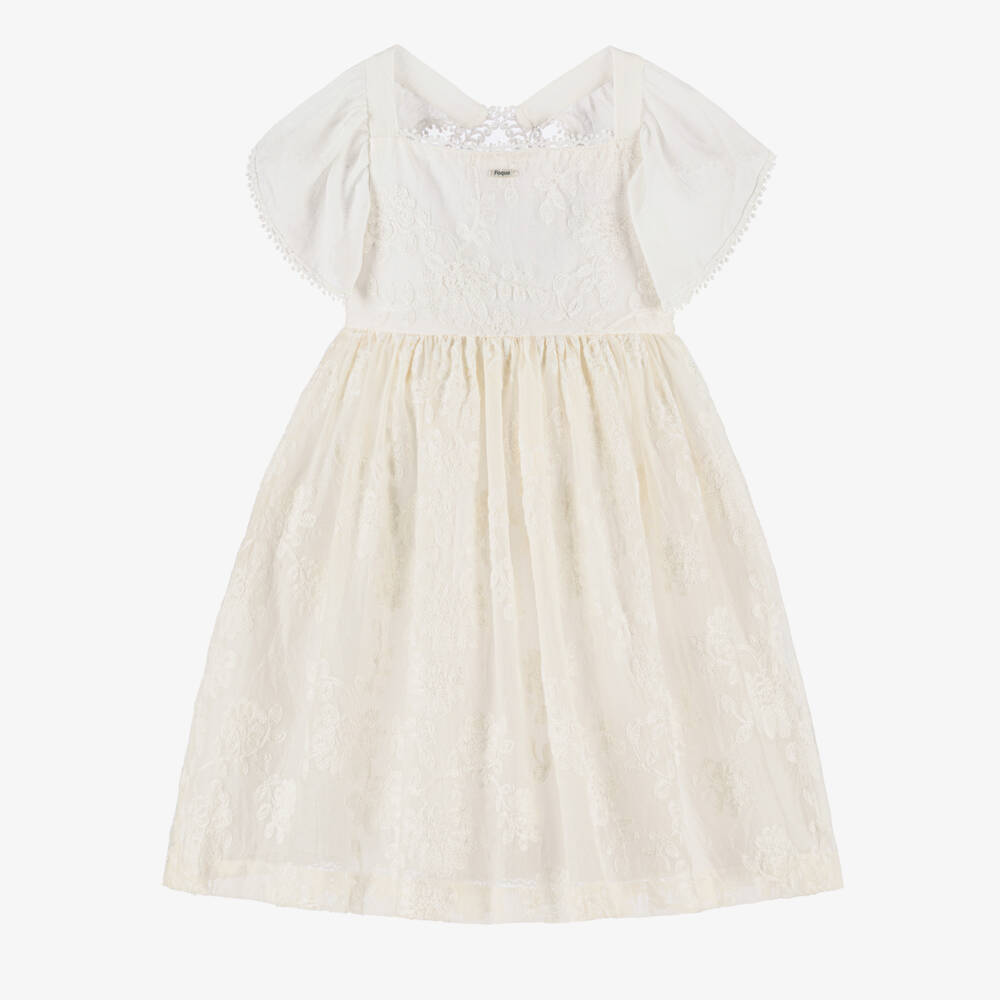 Foque-Girls Ivory Floral Embroidered Organza Dress | Childrensalon Outlet