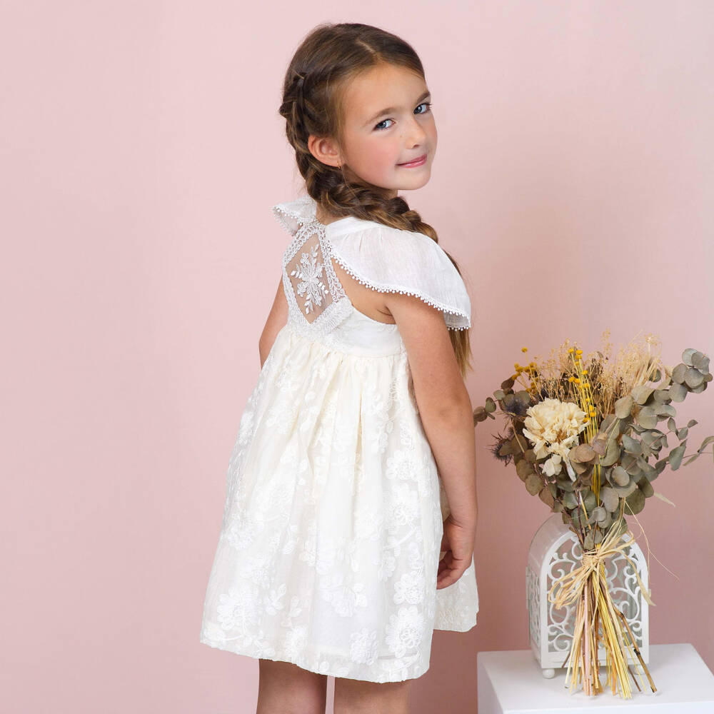 Foque-Girls Ivory Floral Embroidered Organza Dress | Childrensalon Outlet
