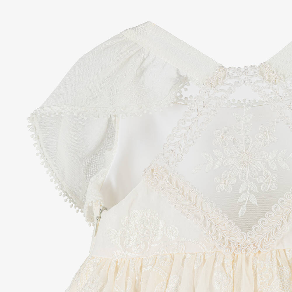 Foque-Girls Ivory Floral Embroidered Organza Dress | Childrensalon Outlet