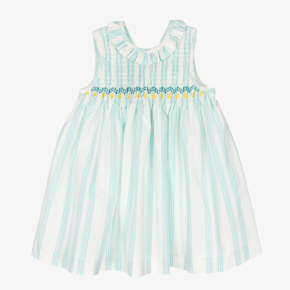 Foque - Girls Ivory & Green Striped Smocked Dress | Childrensalon