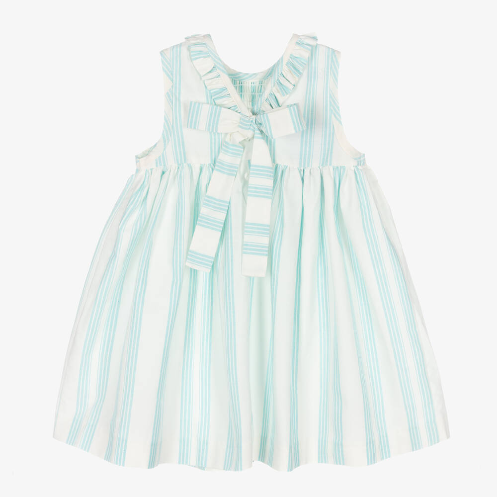 Foque-Girls Ivory & Green Striped Smocked Dress | Childrensalon Outlet