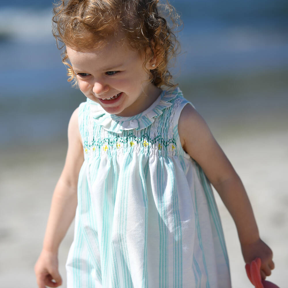 Foque-Girls Ivory & Green Striped Smocked Dress | Childrensalon Outlet