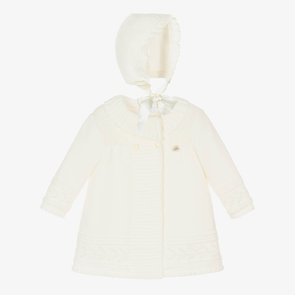 Foque - Girls Ivory Knitted Coat & Bonnet Set | Childrensalon