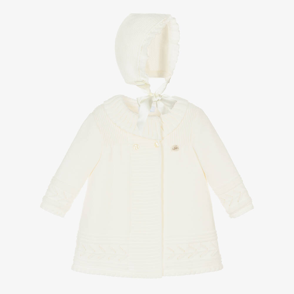 Foque-Girls Ivory Knitted Coat & Bonnet Set | Childrensalon Outlet