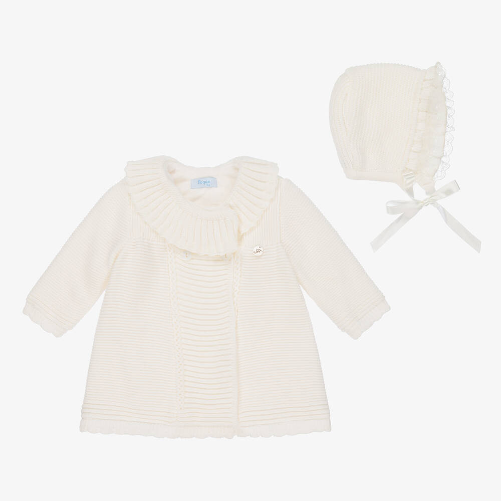 Foque - Manteau et bonnet ivoire maille Fille | Childrensalon