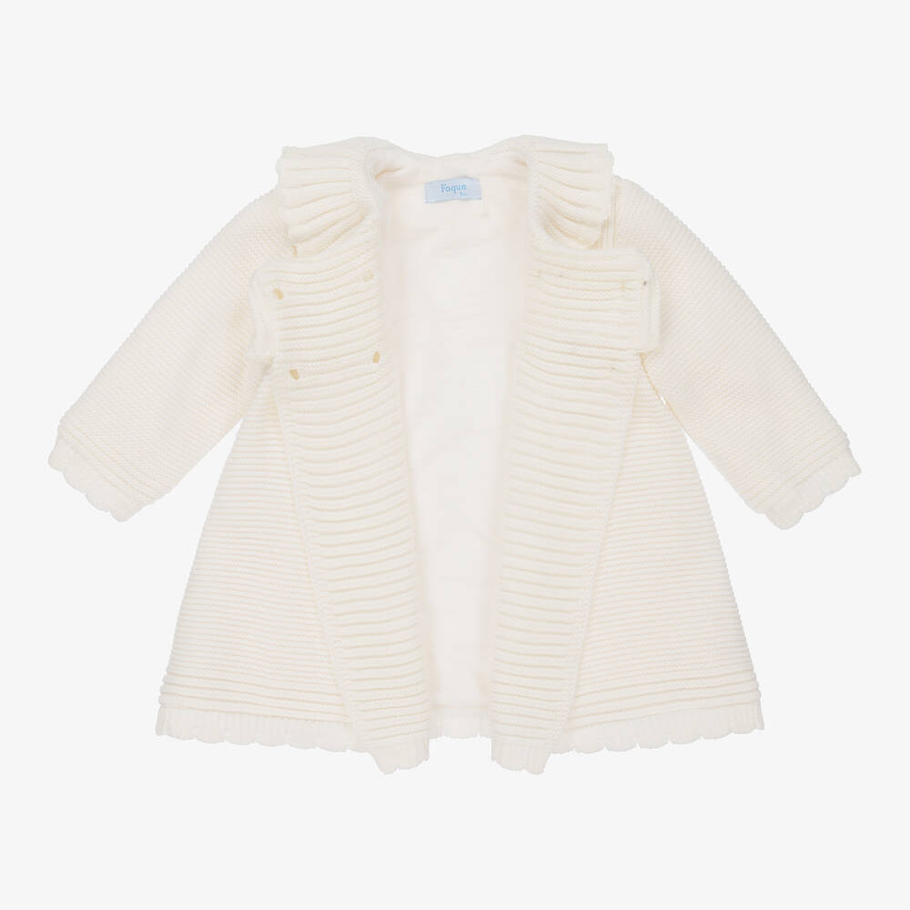 فوكيه-معطف وقبعة أطفال بناتي أكريليك محبوك لون عاجي | Childrensalon Outlet