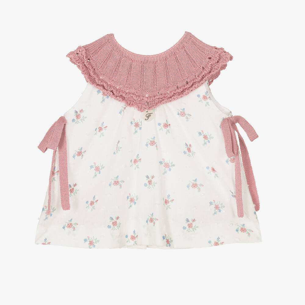 Foque - Girls Ivory & Pink Floral Cotton Dress | Childrensalon