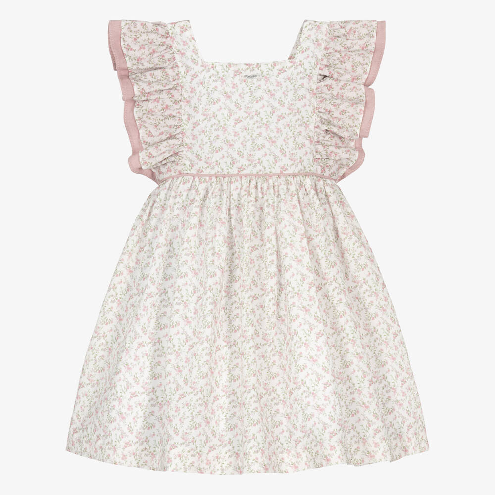 Foque-Girls Ivory & Pink Floral Print Cotton Dress | Childrensalon Outlet