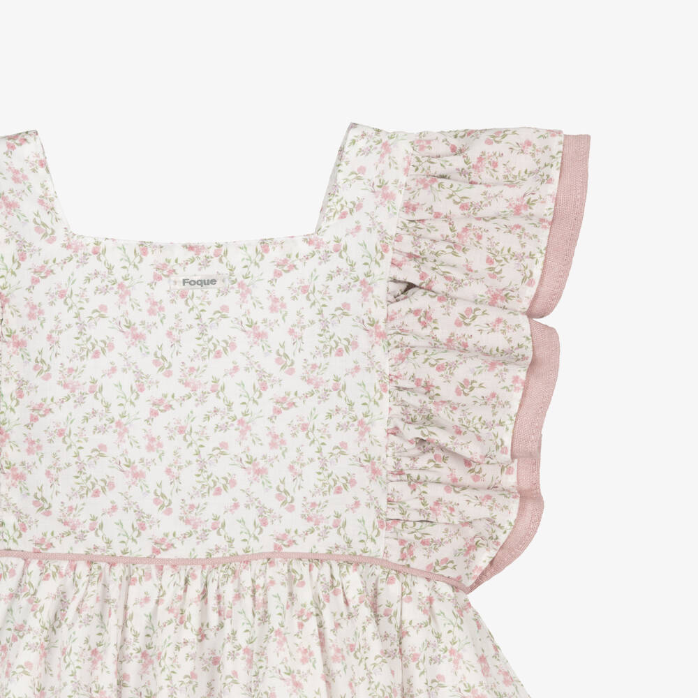 Foque-Girls Ivory & Pink Floral Print Cotton Dress | Childrensalon Outlet