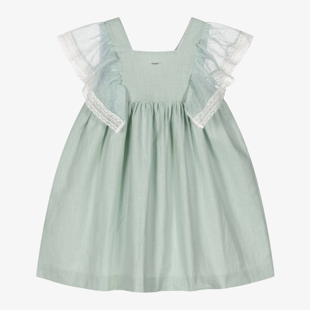 Foque-Girls Mint Green Linen & Lace Dress | Childrensalon Outlet