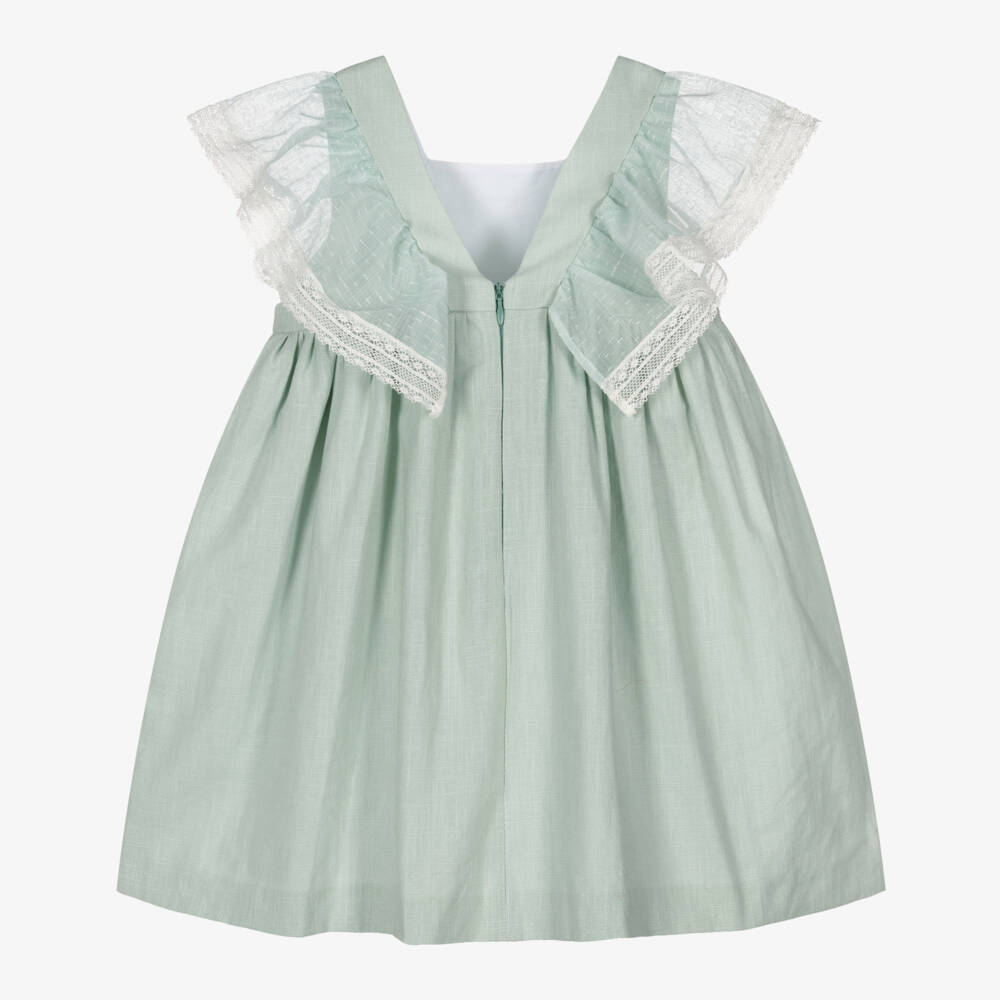 Foque-Girls Mint Green Linen & Lace Dress | Childrensalon Outlet