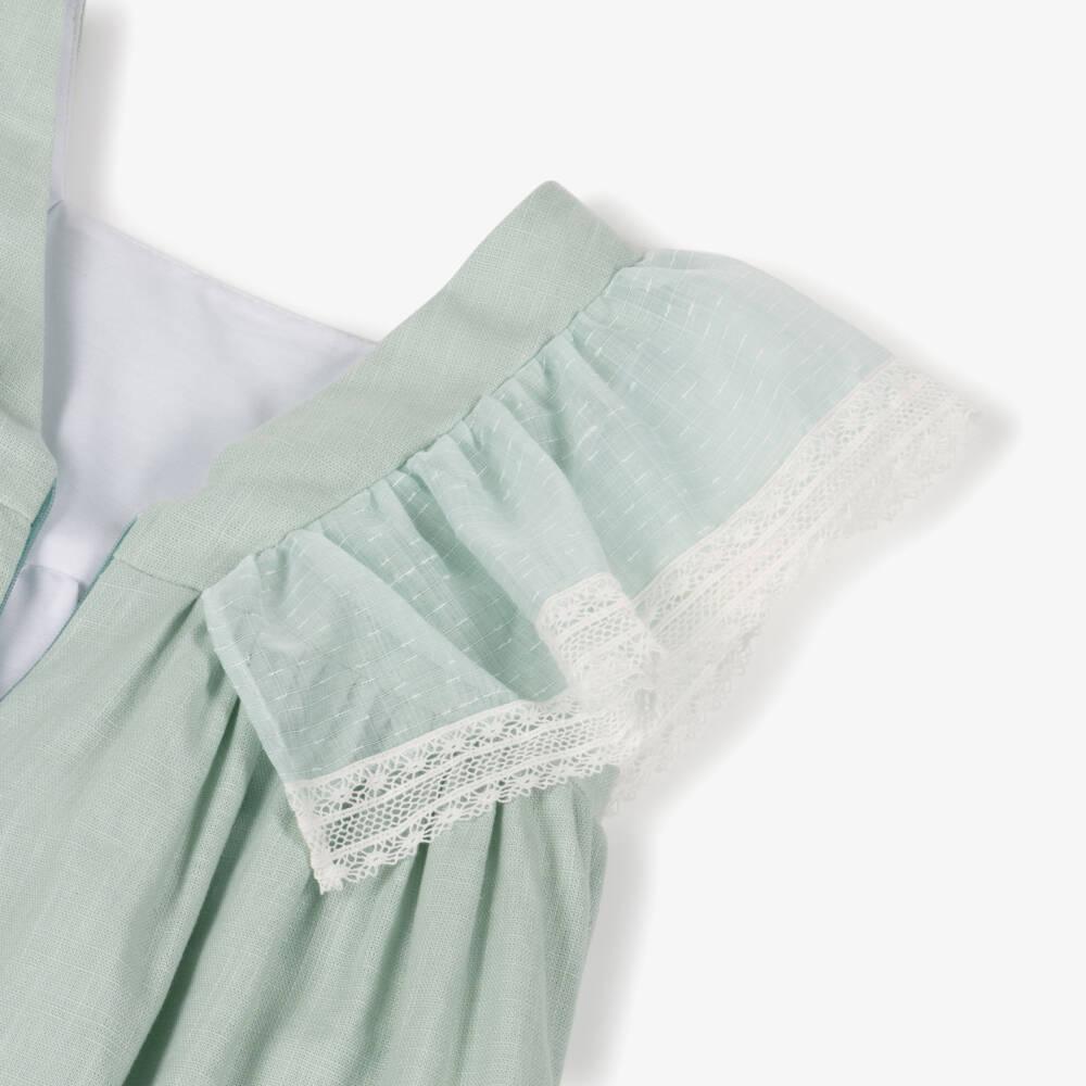 Foque-Girls Mint Green Linen & Lace Dress | Childrensalon Outlet