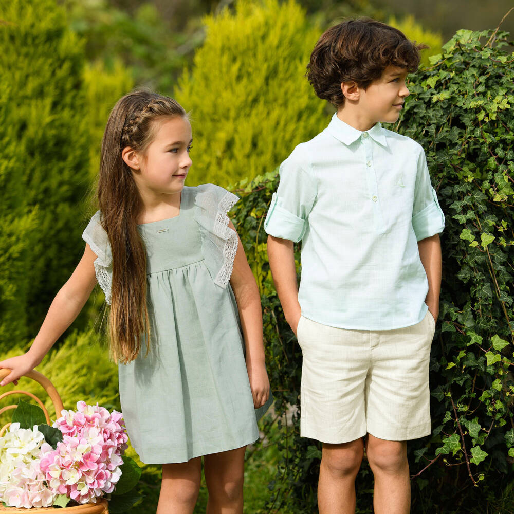Foque-Girls Mint Green Linen & Lace Dress | Childrensalon Outlet