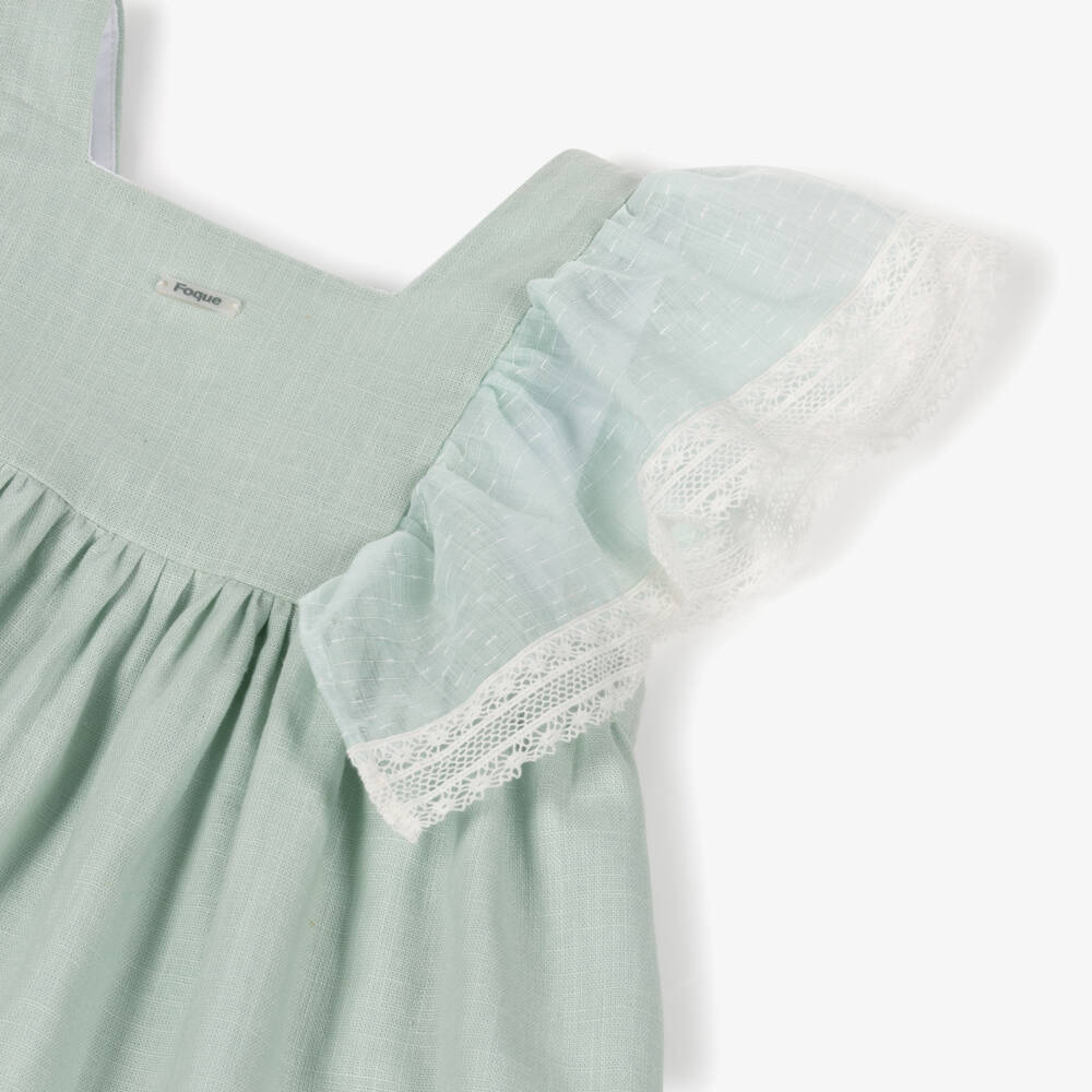 Foque-Girls Mint Green Linen & Lace Dress | Childrensalon Outlet